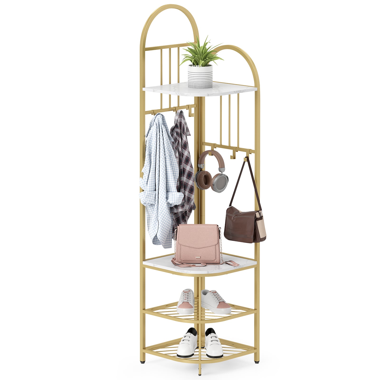 Corner Hall Tree 4-Tier Coat Rack with Storage Bench and Hooks-White and Golden