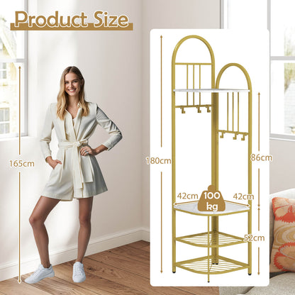 Corner Hall Tree 4-Tier Coat Rack with Storage Bench and Hooks-White and Golden