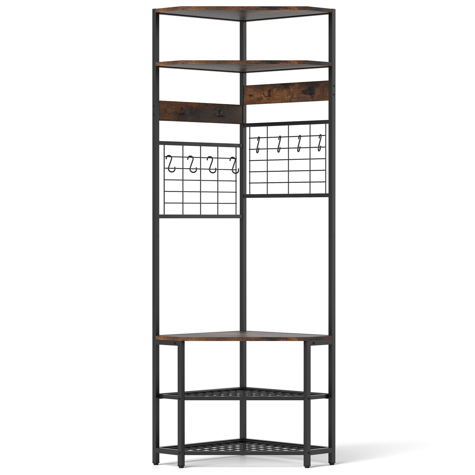 Corner Hall Tree 5-Tier Coat Rack with Shoe Storage Bench-Rustic Brown