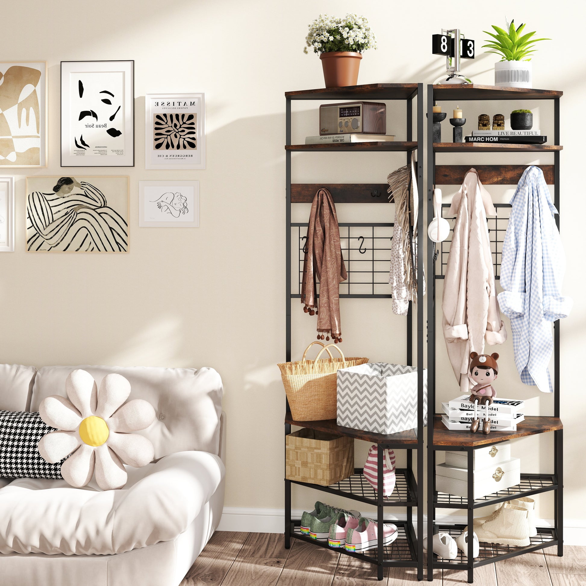 Corner Hall Tree 5-Tier Coat Rack with Shoe Storage Bench-Rustic Brown