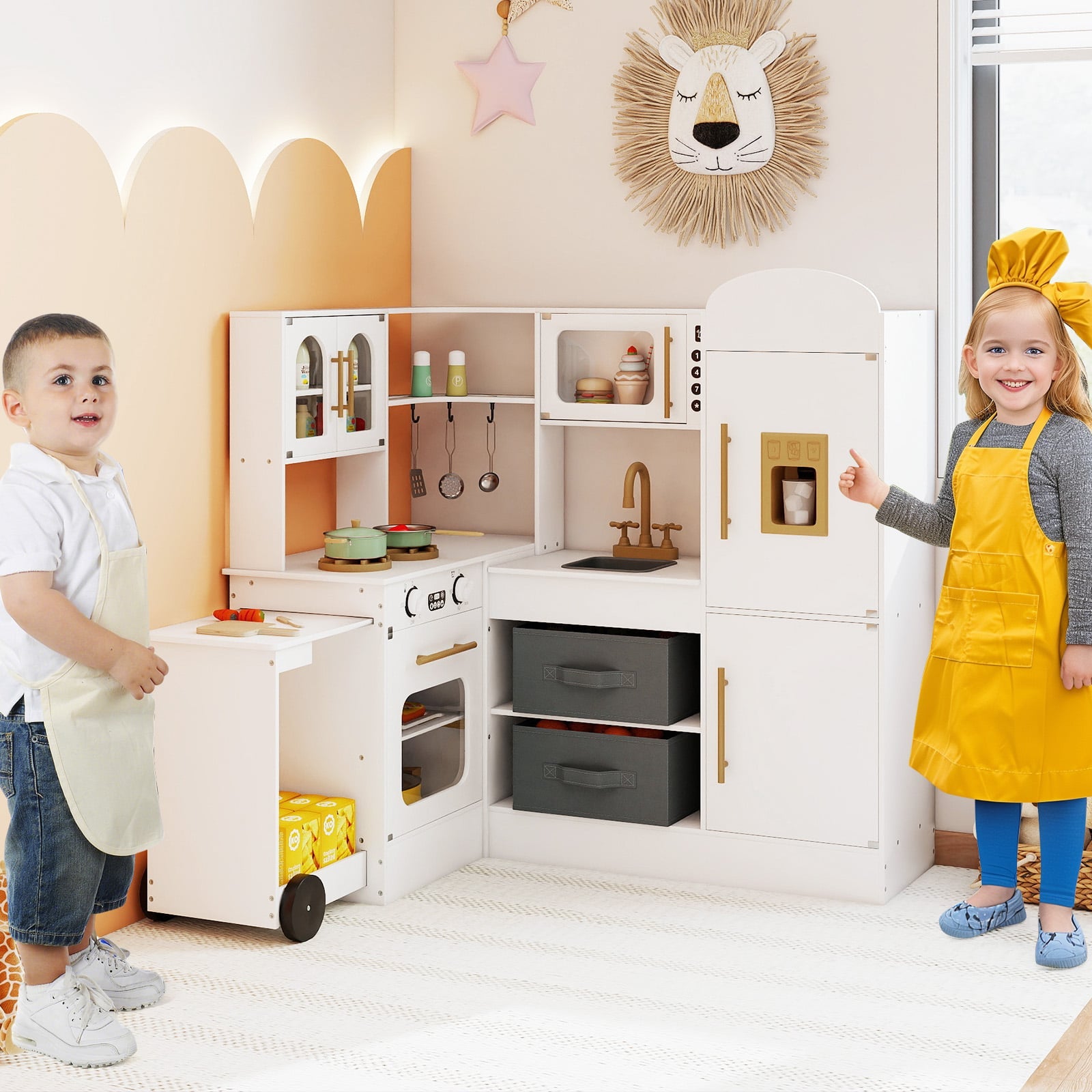 Corner Kitchen Playset Kids Pretend Play Kitchen with Pull-out Cart Fabric Bins-White