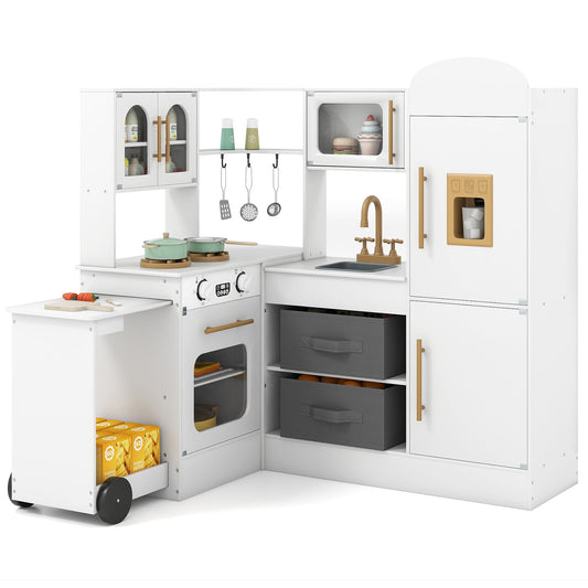 Corner Kitchen Playset Kids Pretend Play Kitchen with Pull-out Cart Fabric Bins-White