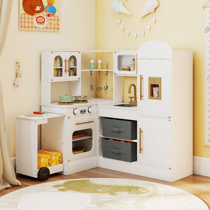 Corner Kitchen Playset Kids Pretend Play Kitchen with Pull-out Cart Fabric Bins-White