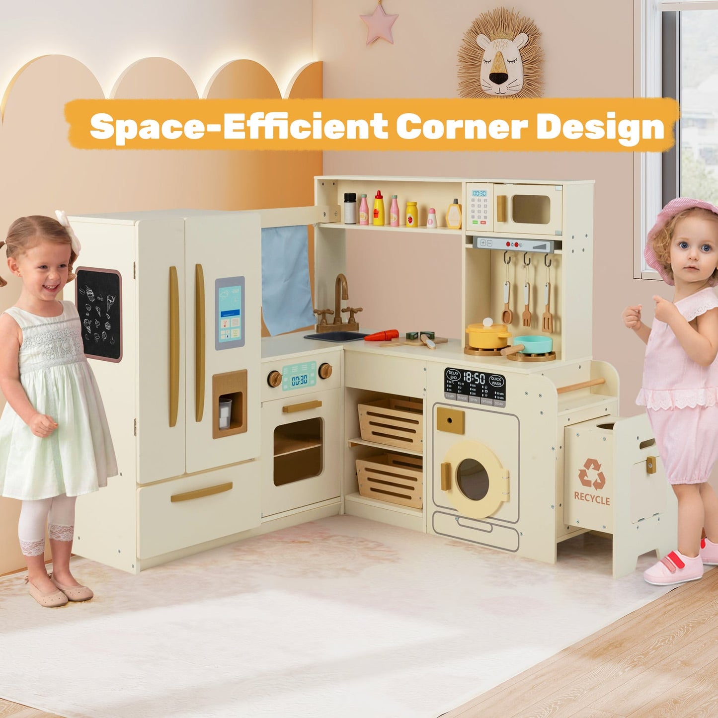 Corner Kitchen Playset with Large Fridge for Toddlers 3+ Years Old-Beige