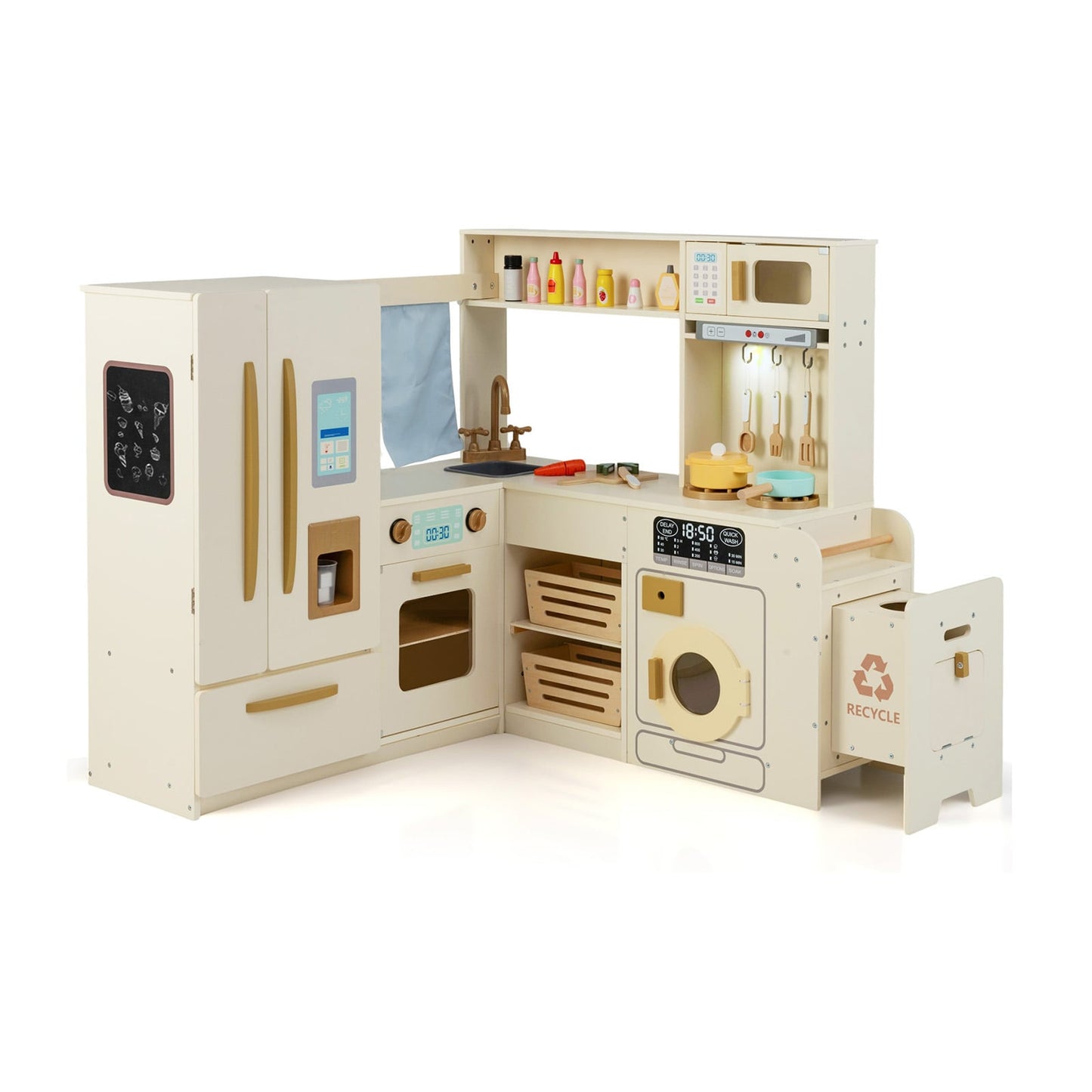 Corner Kitchen Playset with Large Fridge for Toddlers 3+ Years Old-Beige