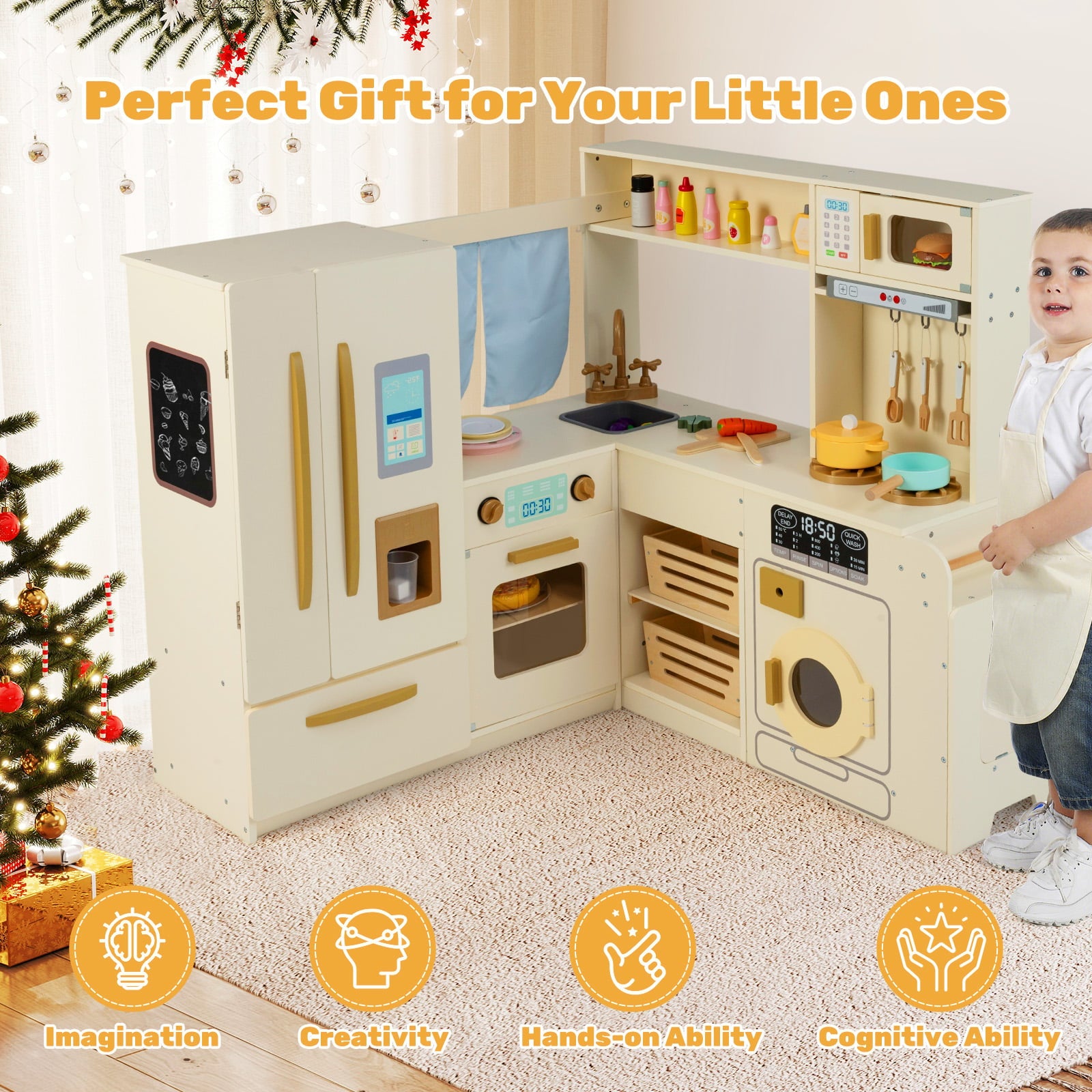 Corner Kitchen Playset with Large Fridge for Toddlers 3+ Years Old-Beige