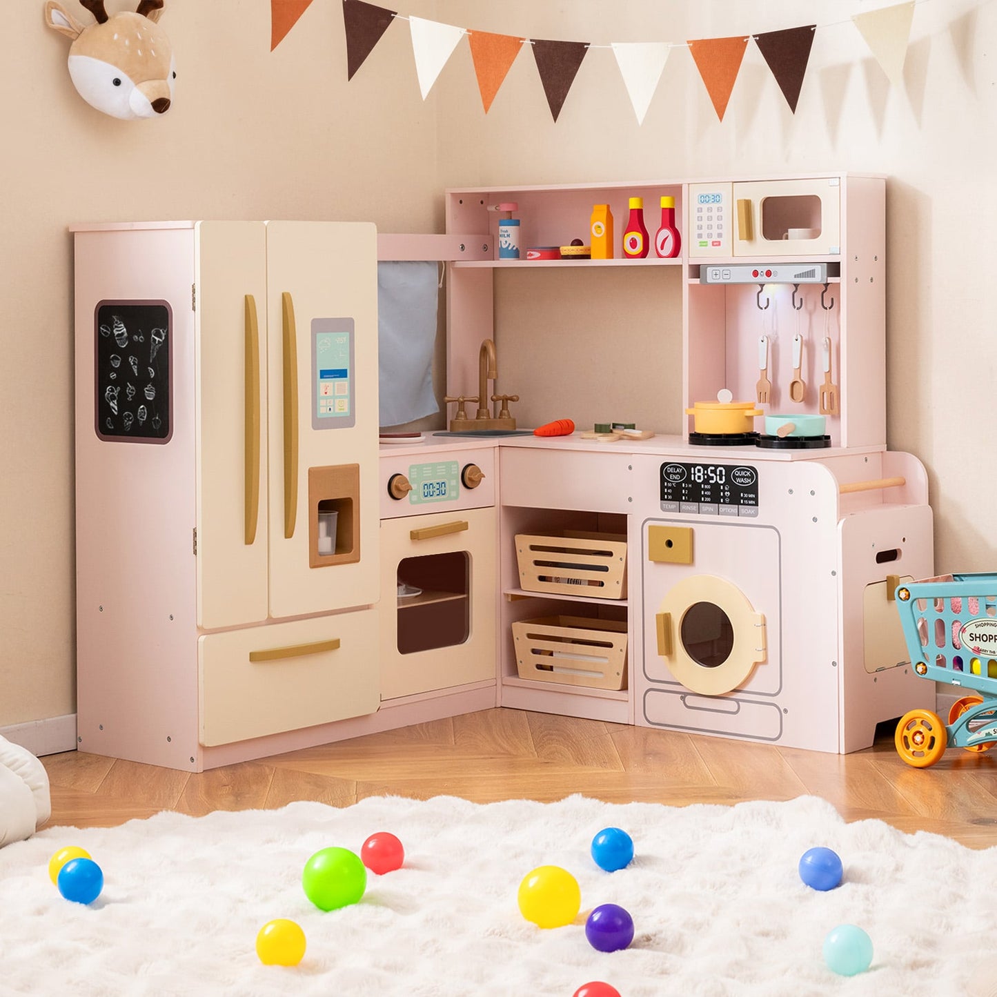 Corner Kitchen Playset with Large Fridge for Toddlers 3+ Years Old-Pink