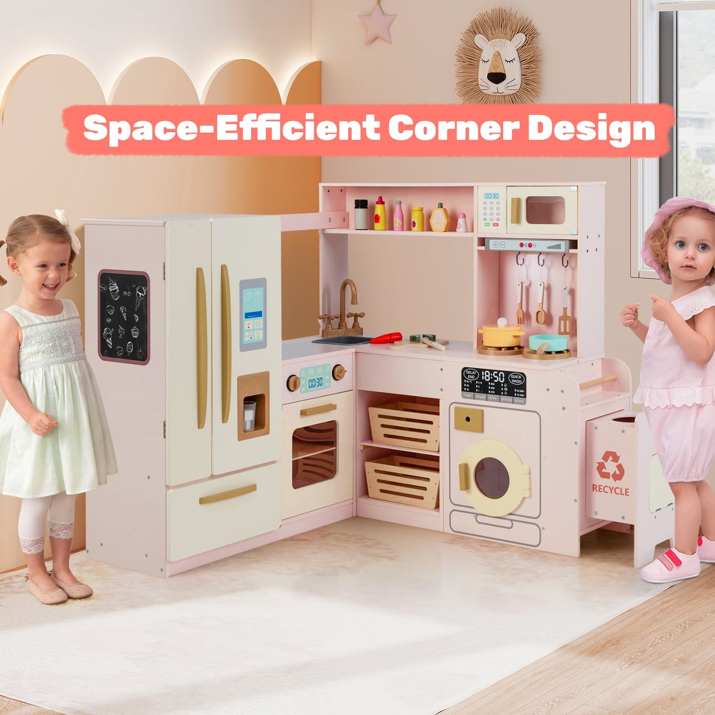 Corner Kitchen Playset with Large Fridge for Toddlers 3+ Years Old-Pink