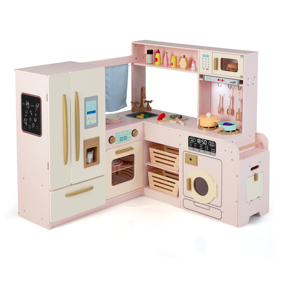 Corner Kitchen Playset with Large Fridge for Toddlers 3+ Years Old-Pink
