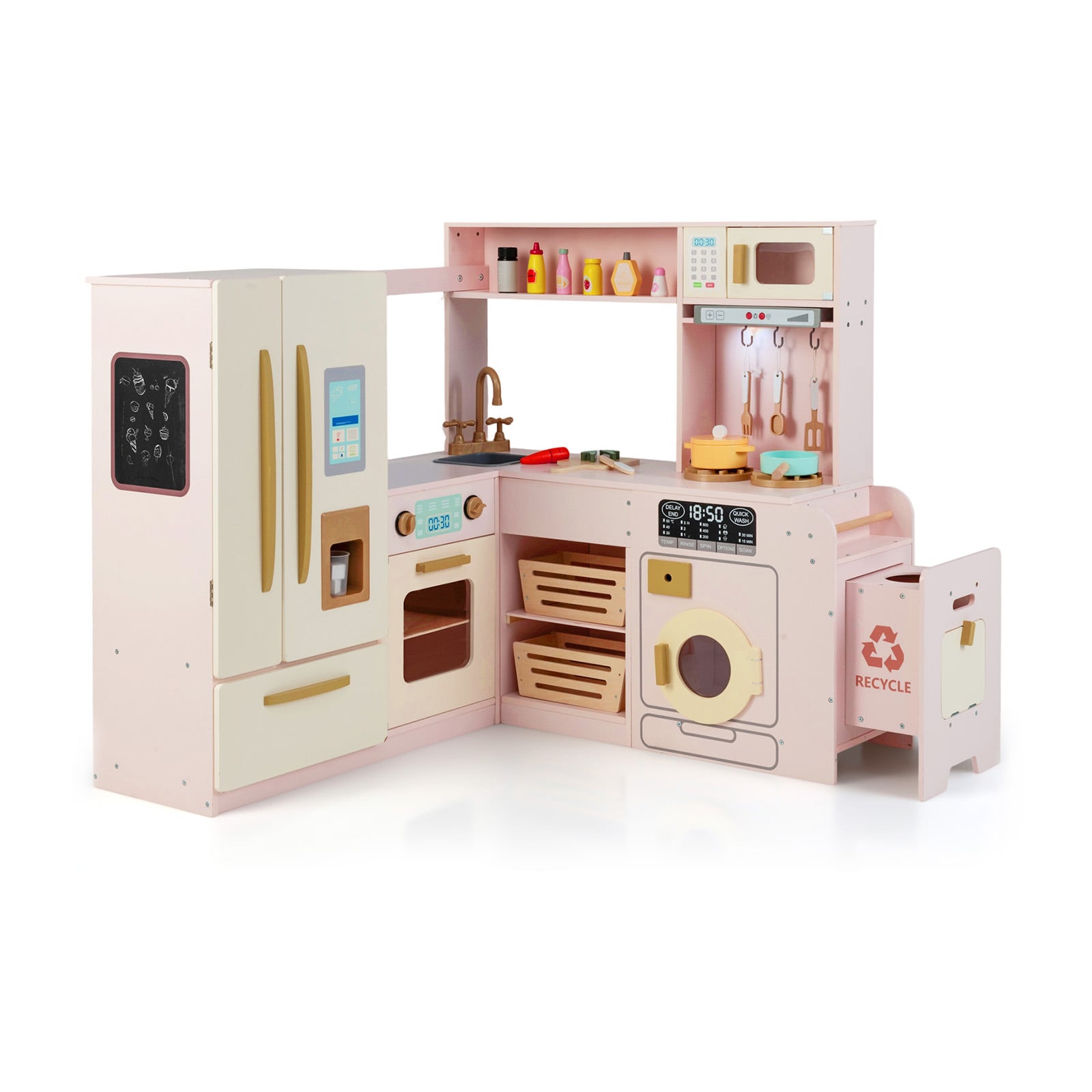 Corner Kitchen Playset with Large Fridge for Toddlers 3+ Years Old-Pink