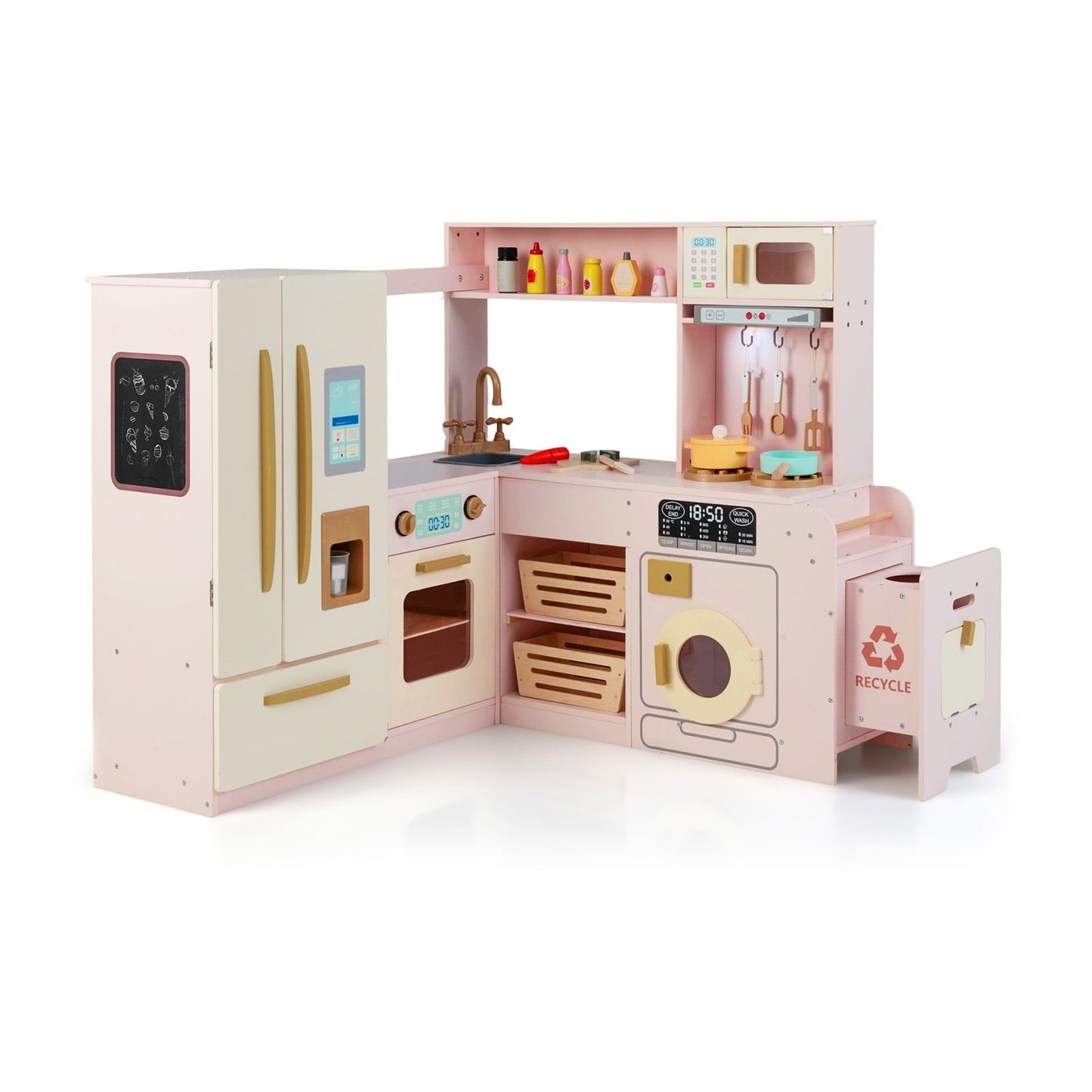 Corner Kitchen Playset with Large Fridge for Toddlers 3+ Years Old-Pink