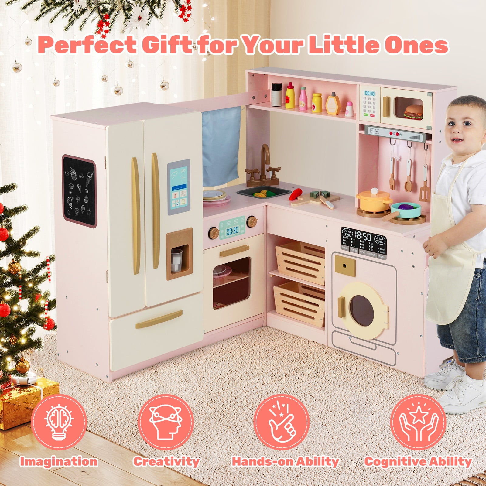Corner Kitchen Playset with Large Fridge for Toddlers 3+ Years Old-Pink