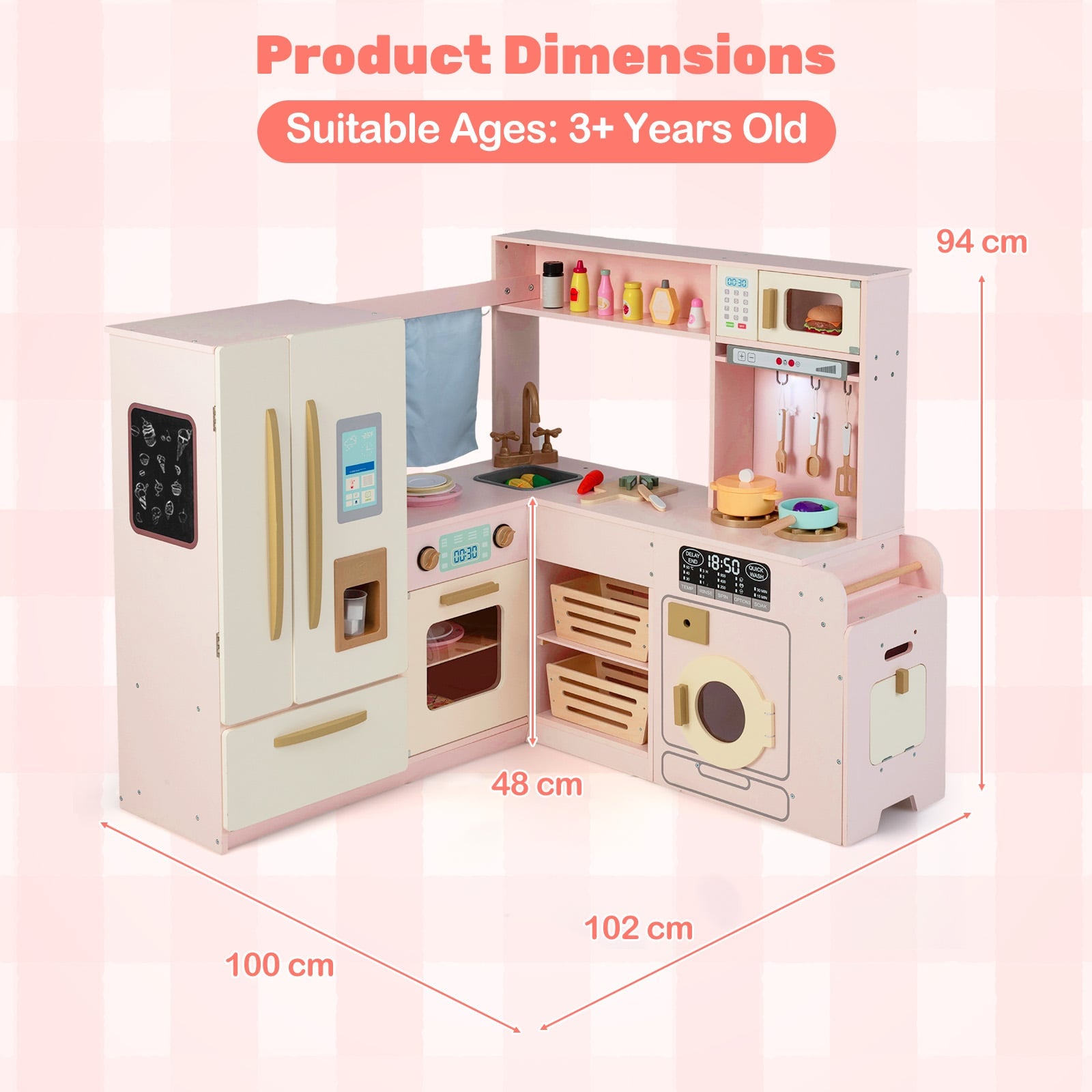 Corner Kitchen Playset with Large Fridge for Toddlers 3+ Years Old-Pink