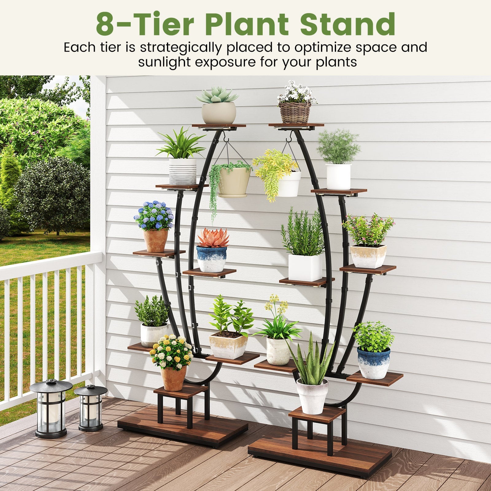 155CM Tall 8-Tier Corner Metal Plant Shelf for Multiple Plants-Black & Brown-1 Piece