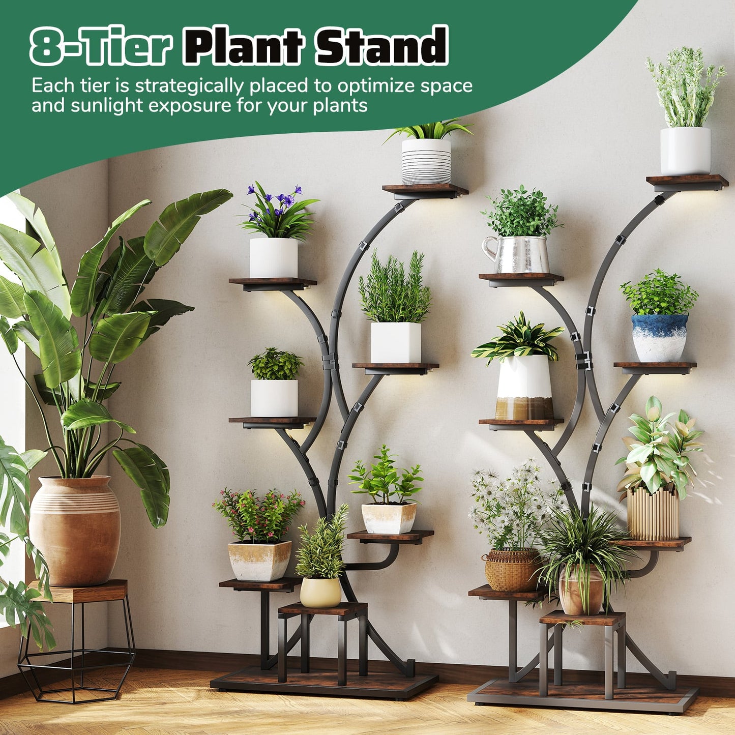 146CM Tall 8-Tier Corner Metal Plant Shelf for Multiple Plants-Rustic Brown