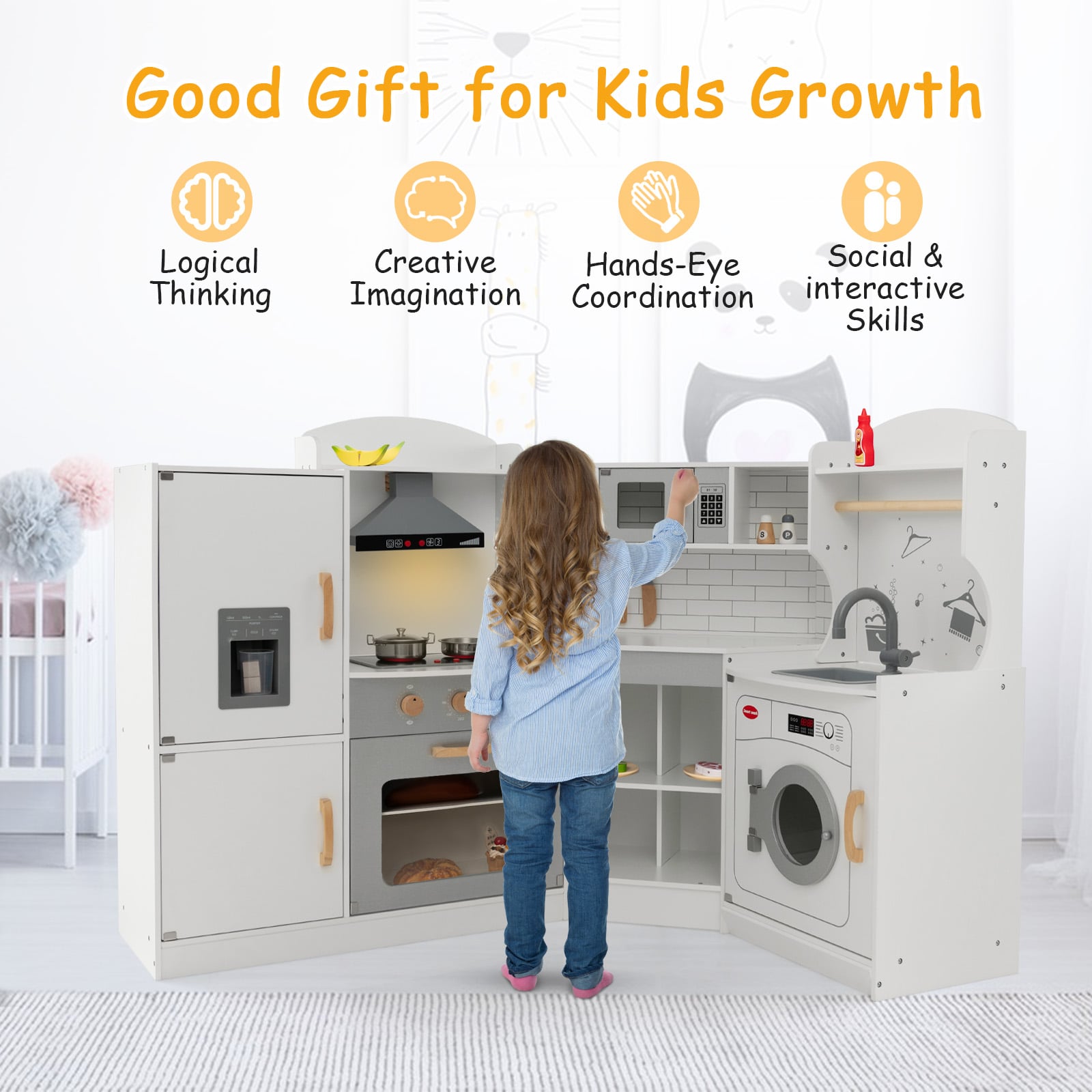 Wooden Corner Play Kitchen with Sounds and Lights for Kids