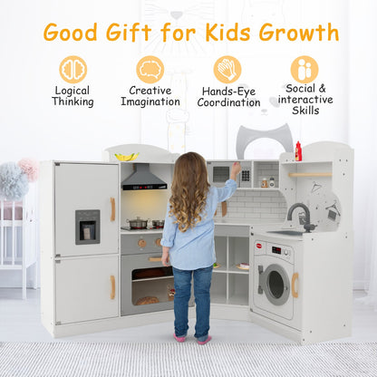 Wooden Corner Play Kitchen with Sounds and Lights for Kids