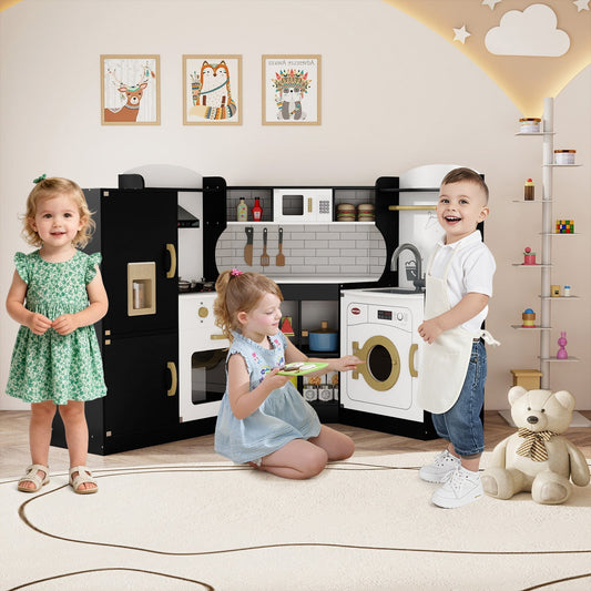 Wooden Corner Play Kitchen with Sounds and Lights-Black