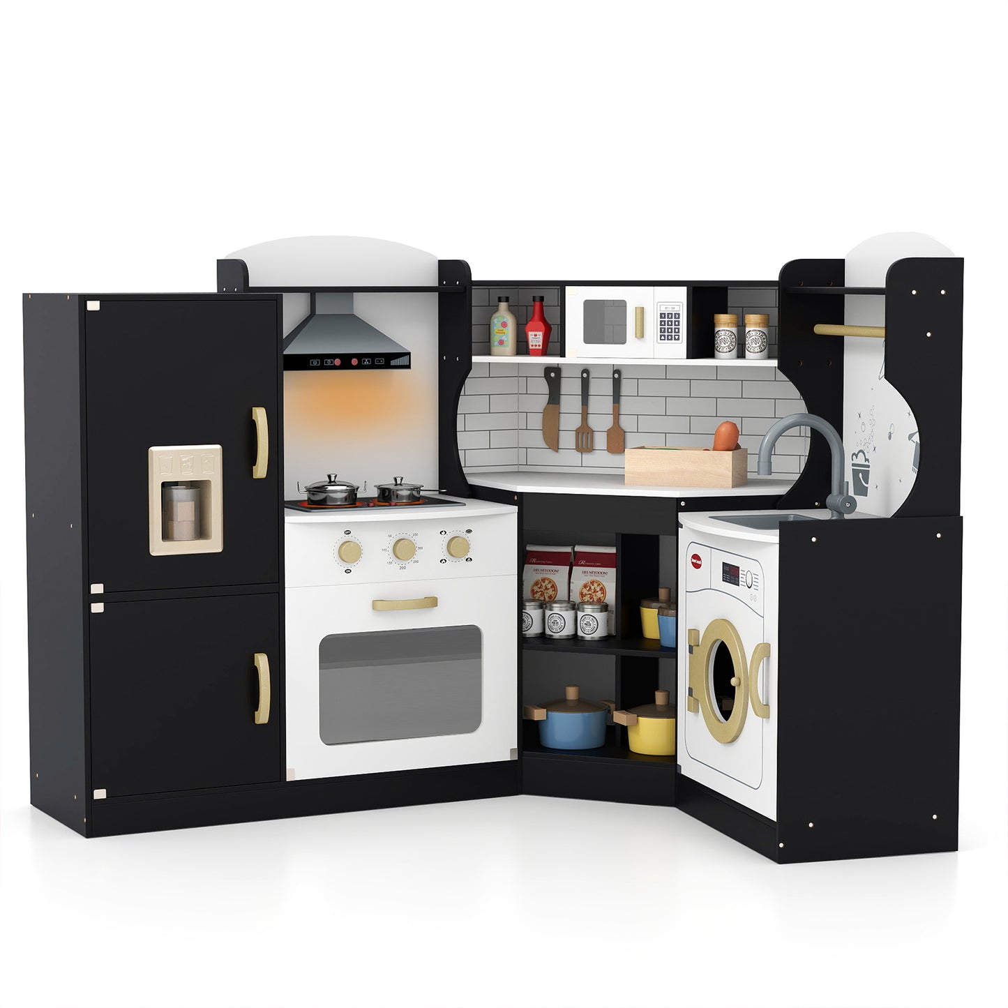 Wooden Corner Play Kitchen with Sounds and Lights-Black