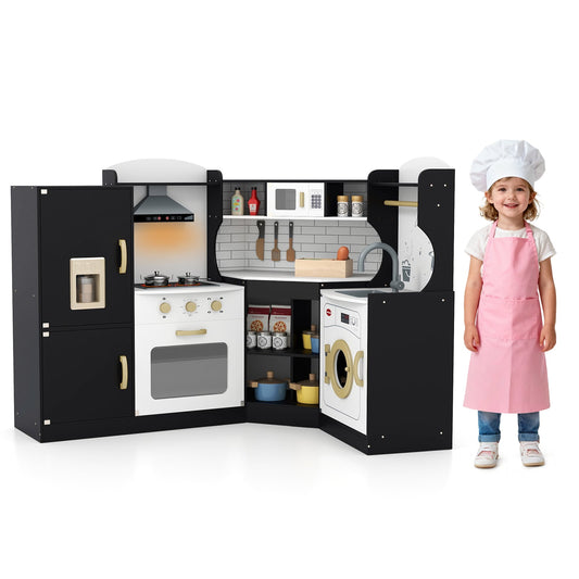 Wooden Corner Play Kitchen with Sounds and Lights-Black