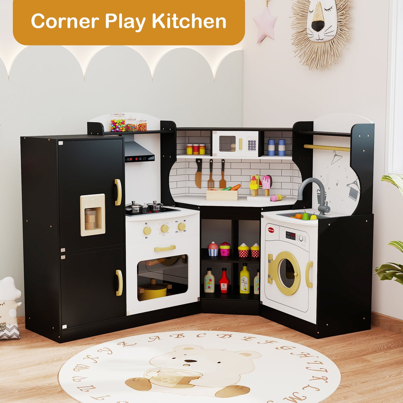 Wooden Corner Play Kitchen with Sounds and Lights-Black