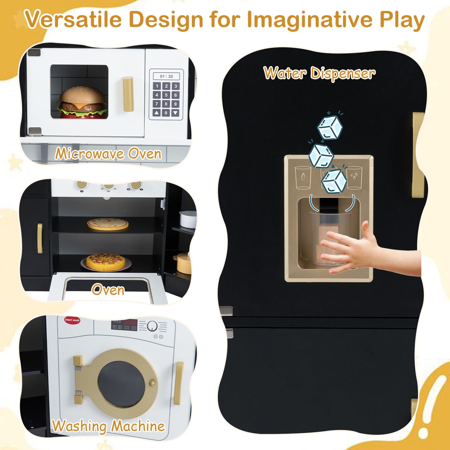 Wooden Corner Play Kitchen with Sounds and Lights-Black