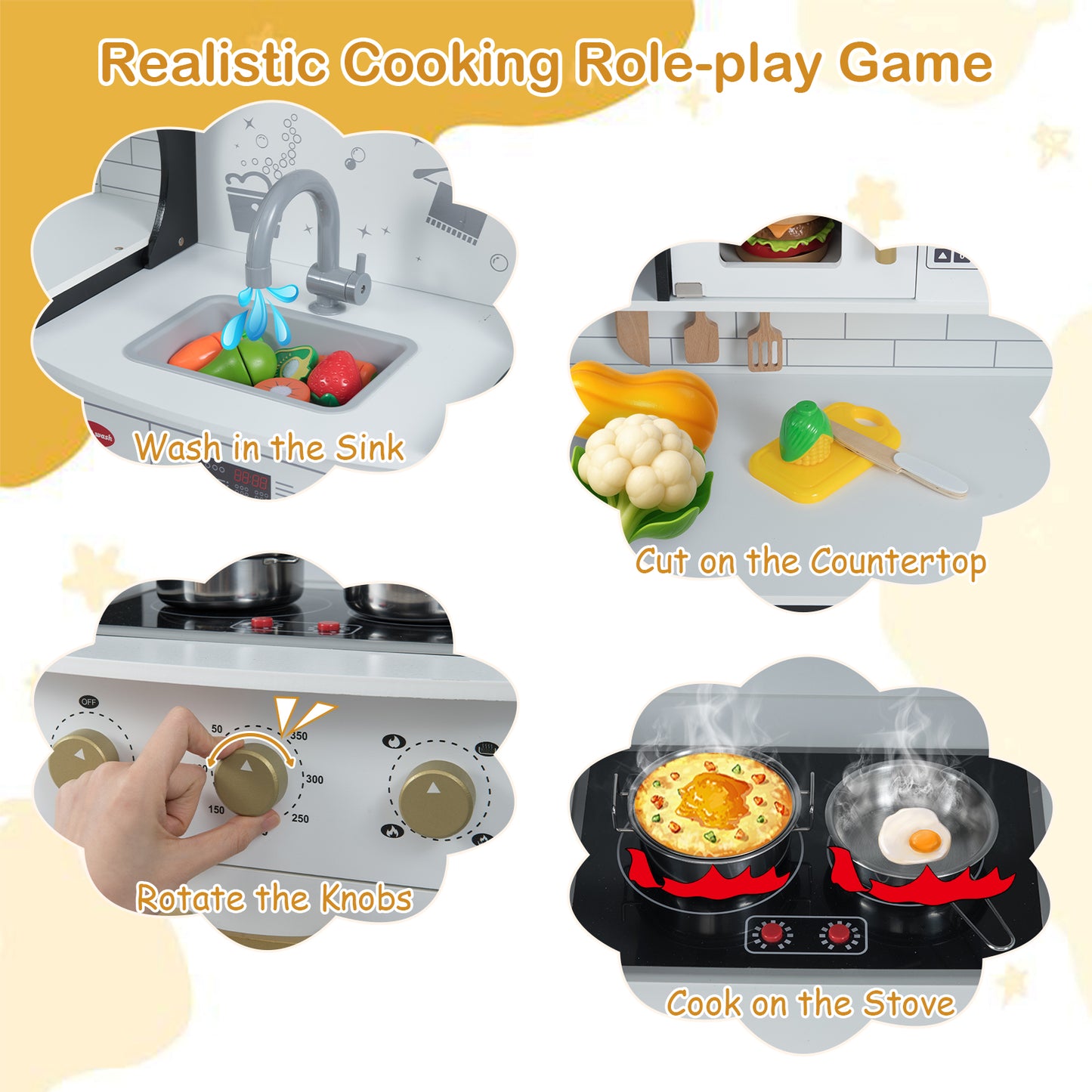 Wooden Corner Play Kitchen with Sounds and Lights-Black