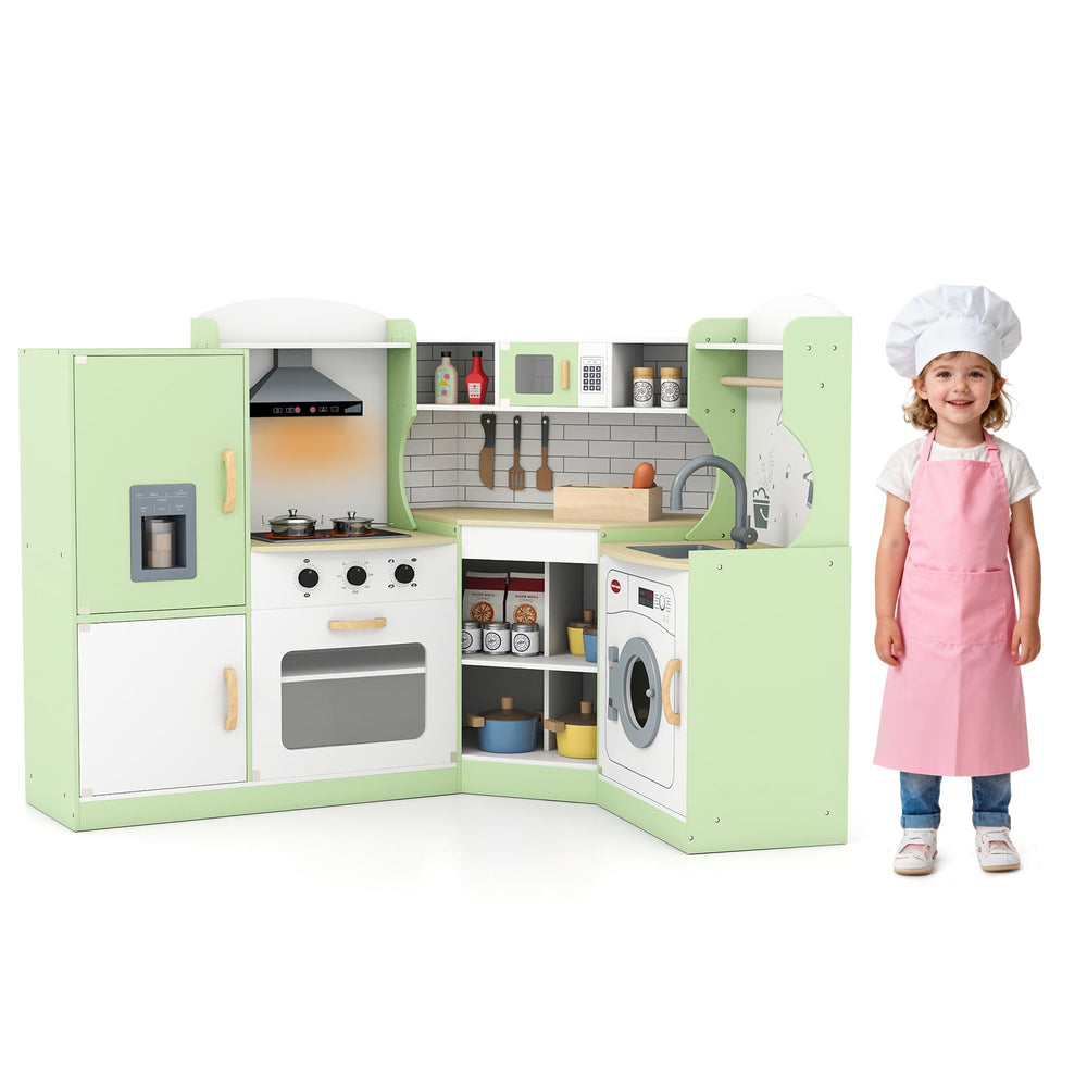 Wooden Corner Play Kitchen with Sounds and Lights-Green