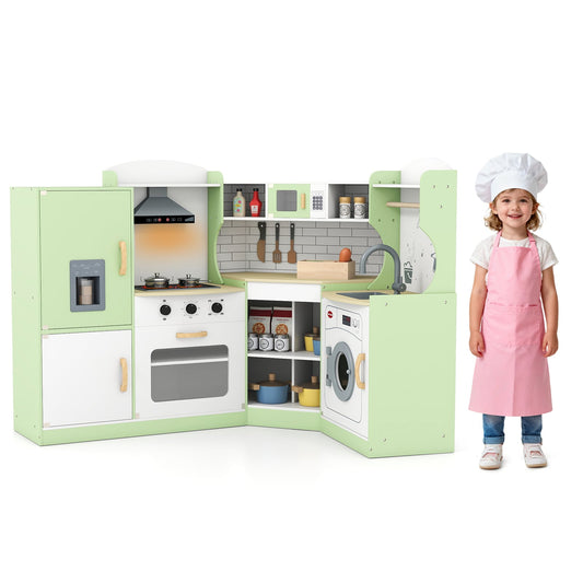 Wooden Corner Play Kitchen with Sounds and Lights-Green
