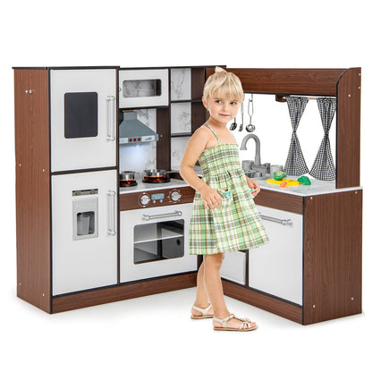Kids Wooden Corner Play Kitchen with Lighted Range Hood and Stoves-Brown
