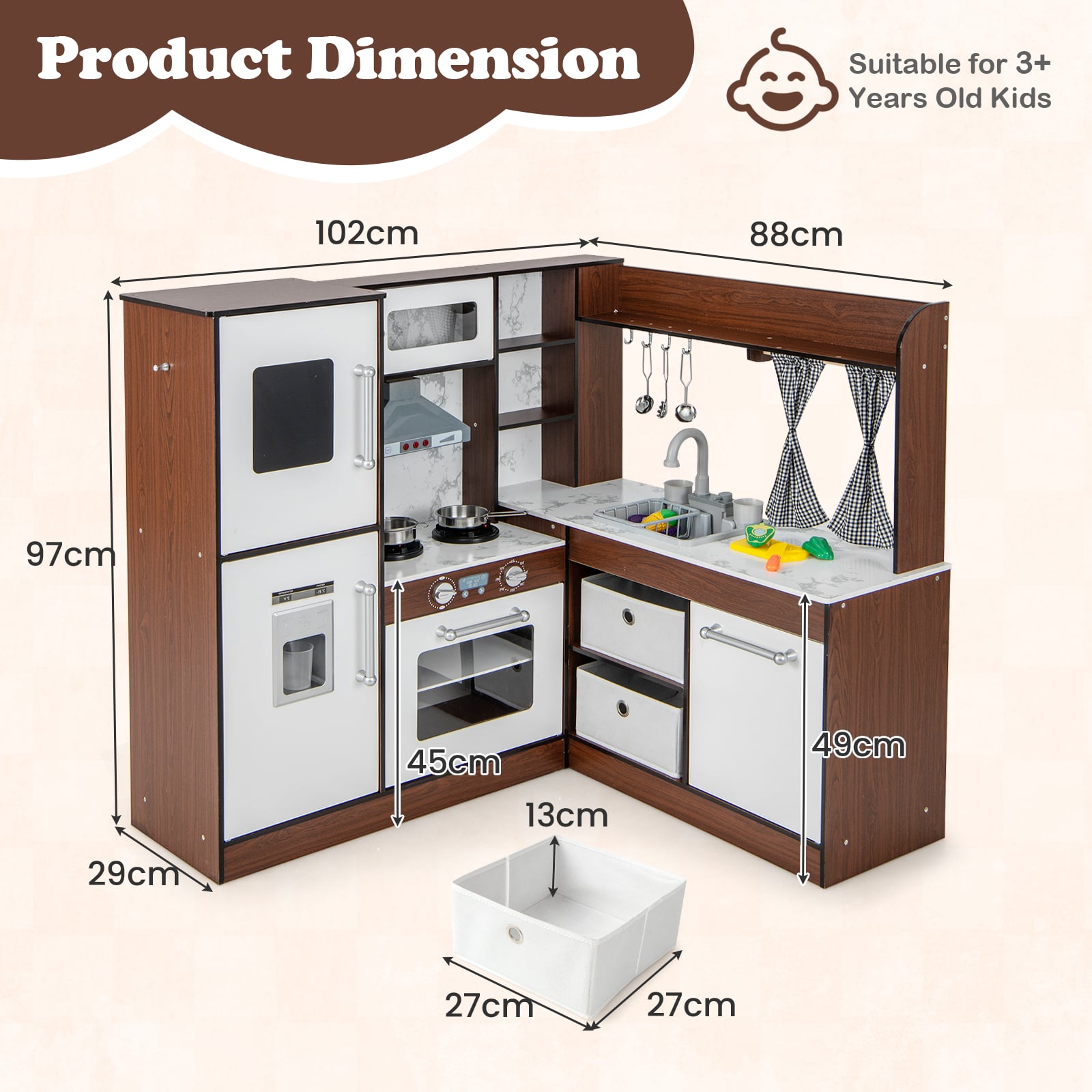 Kids Wooden Corner Play Kitchen with Lighted Range Hood and Stoves-Brown