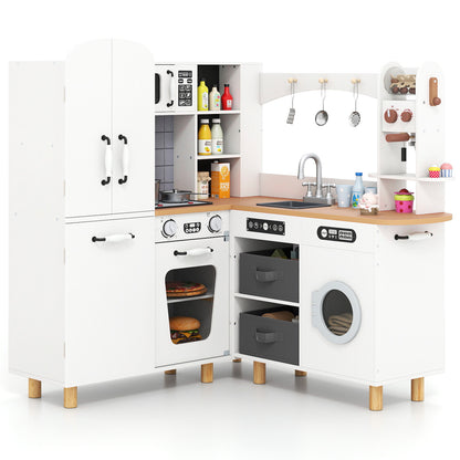Wooden Corner Play Kitchen with Pine Wood Legs and Lights & Sounds-White