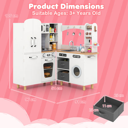 Wooden Corner Play Kitchen with Pine Wood Legs and Lights & Sounds-White