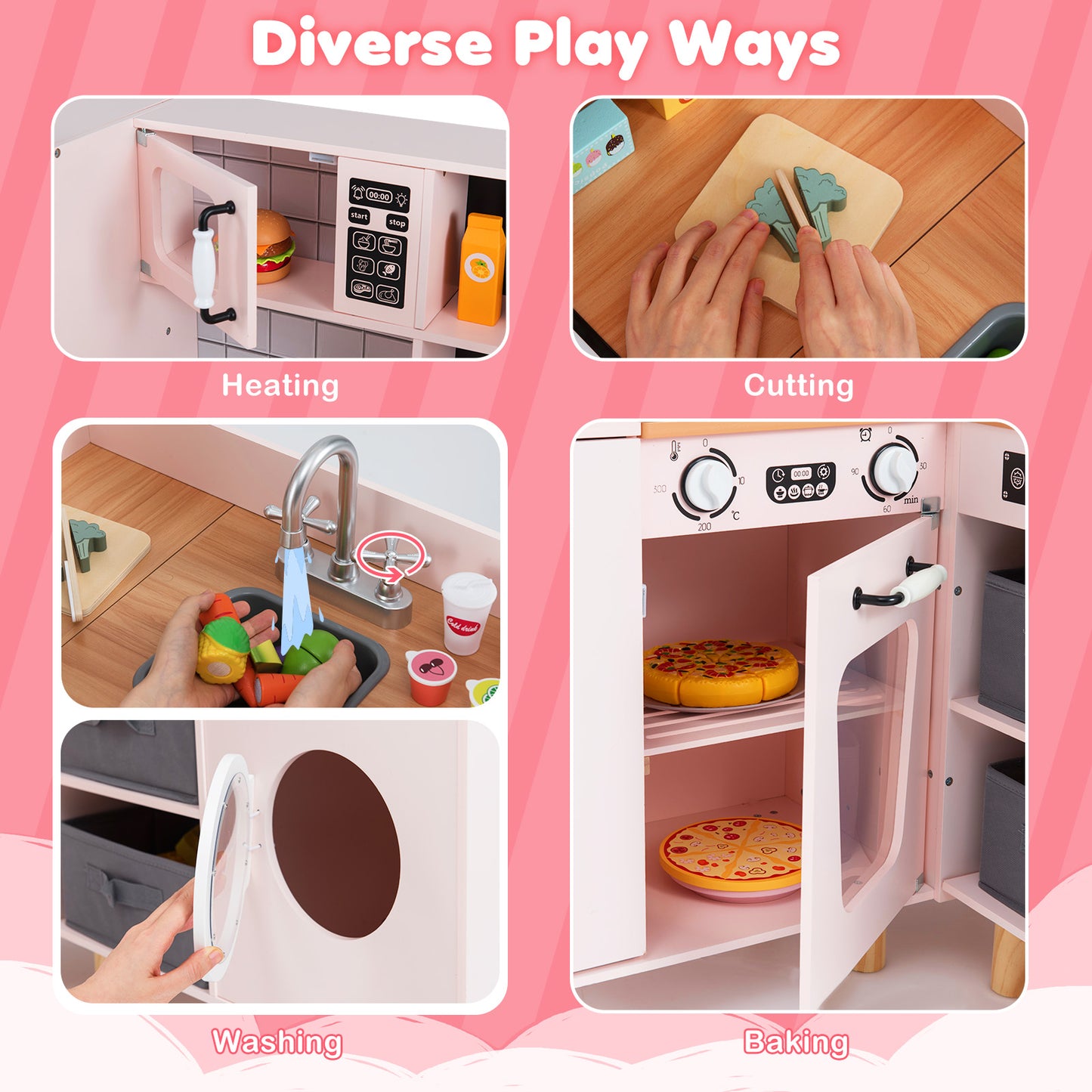 Wooden Corner Play Kitchen with Pine Wood Legs and Lights & Sounds-Pink