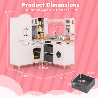 Wooden Corner Play Kitchen with Pine Wood Legs and Lights & Sounds-Pink