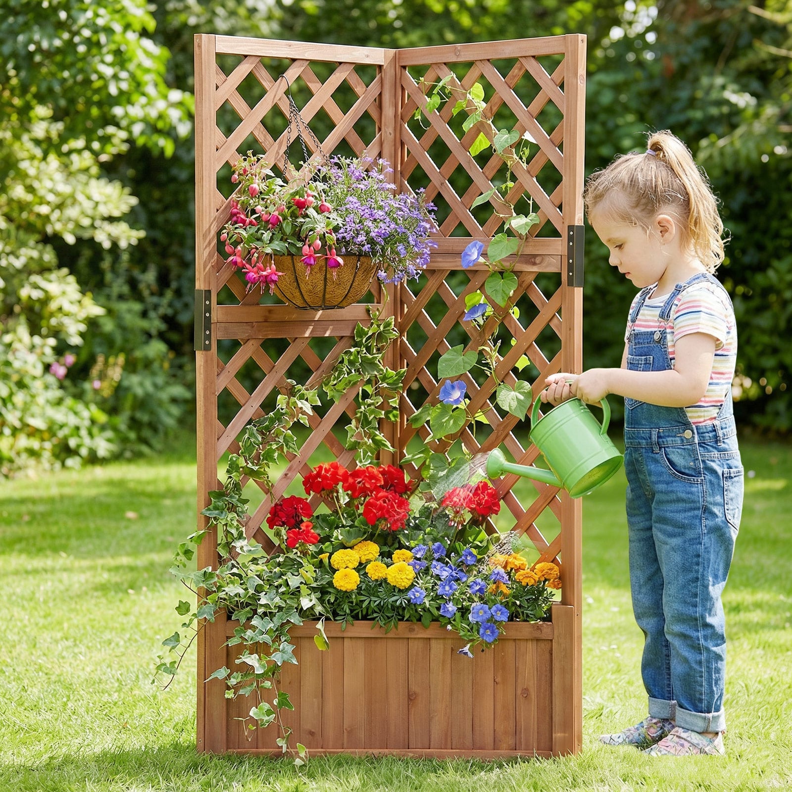 Corner Raised Garden Bed with Lattice Trellises Drainage Holes-Brown