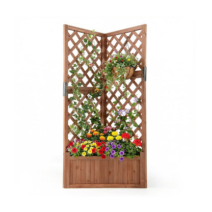 Corner Raised Garden Bed with Lattice Trellises Drainage Holes-Brown