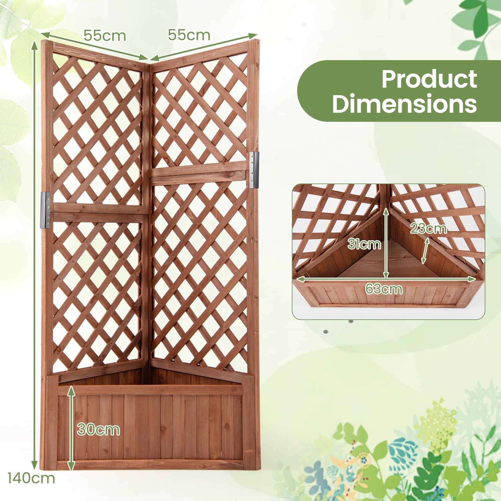 Corner Raised Garden Bed with Lattice Trellises Drainage Holes-Brown