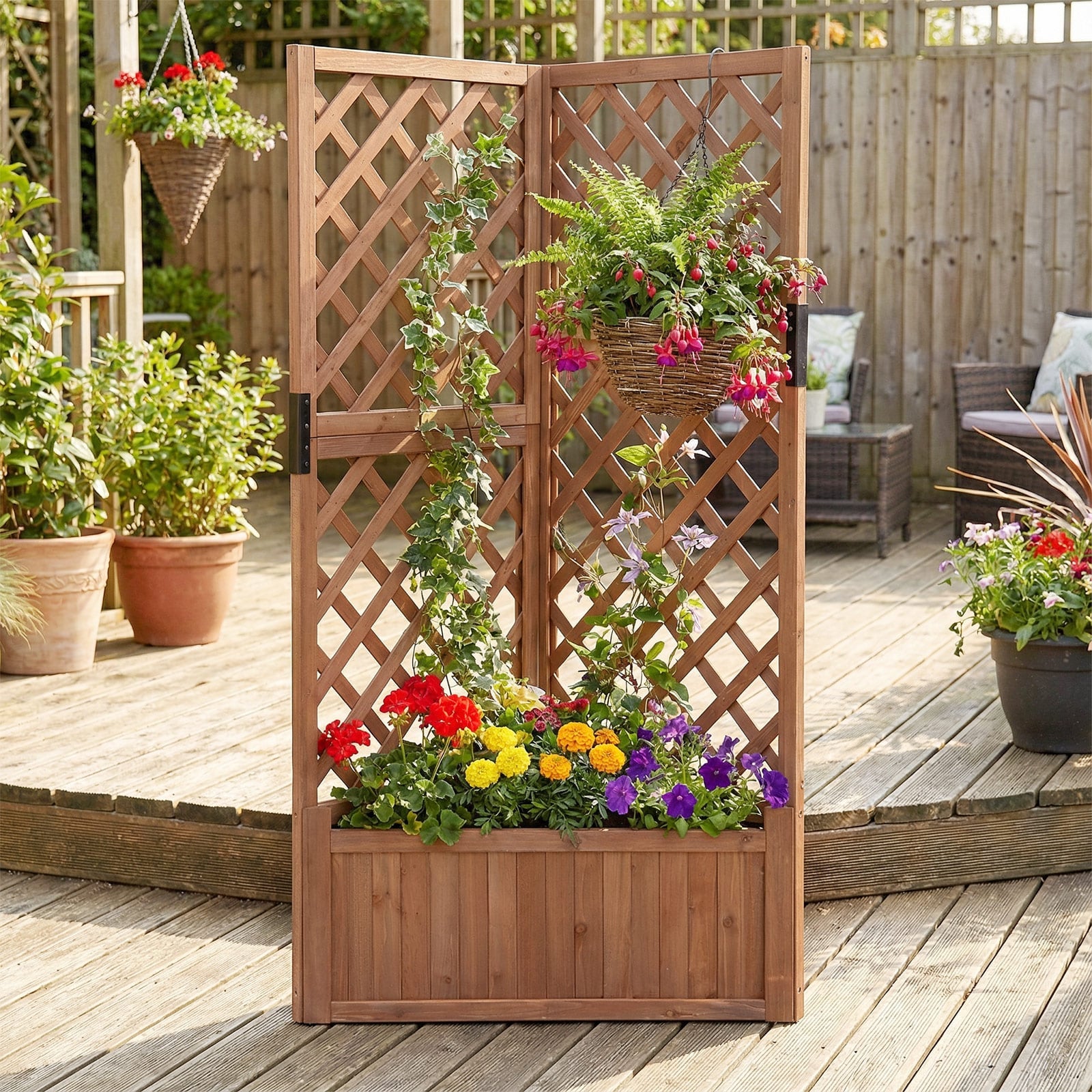 Corner Raised Garden Bed with Lattice Trellises Drainage Holes-Brown