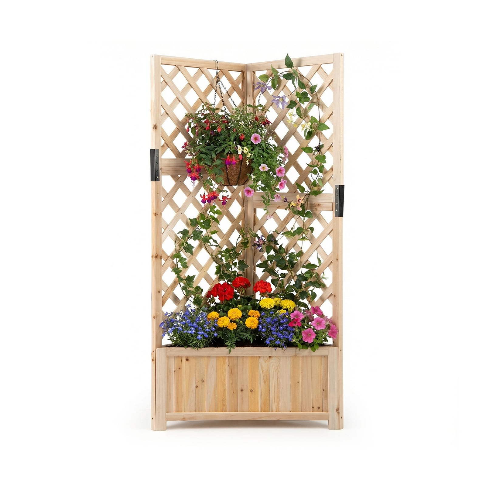 Corner Raised Garden Bed with Lattice Trellises Drainage Holes-Natural