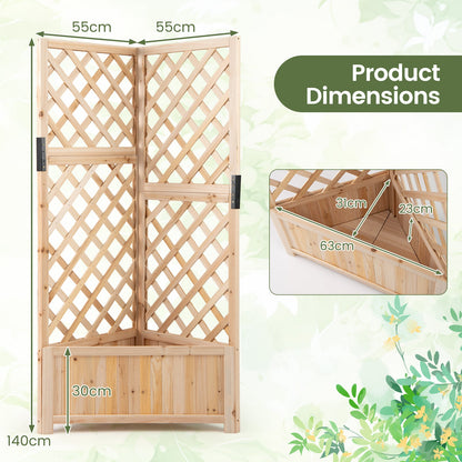 Corner Raised Garden Bed with Lattice Trellises Drainage Holes-Natural
