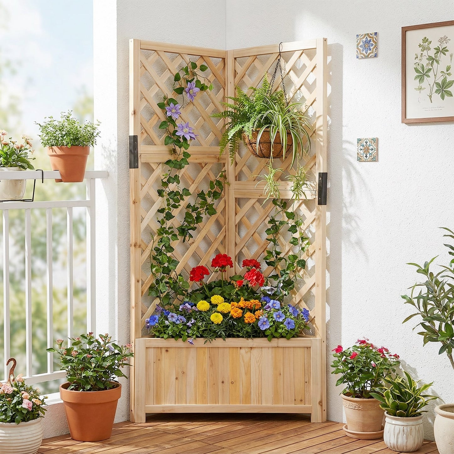 Corner Raised Garden Bed with Lattice Trellises Drainage Holes-Natural