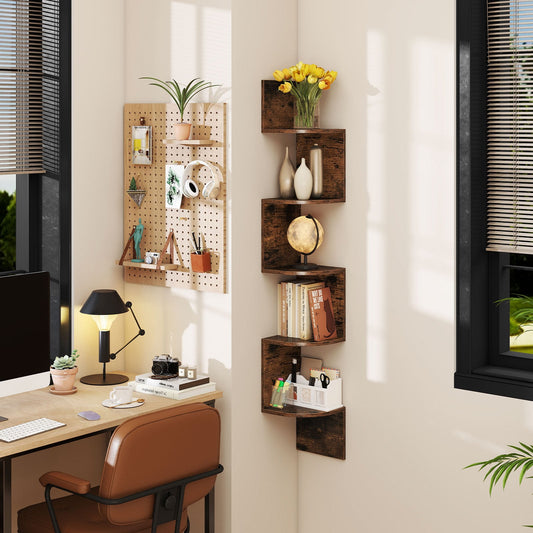 5-Tier Corner Shelf Wall Mount Floating Corner Bookshelf Corner Ladder Shelf-Rustic Brown