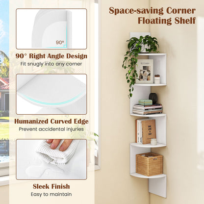 5-Tier Corner Shelf Wall Mount Floating Corner Bookshelf Corner Ladder Shelf-White