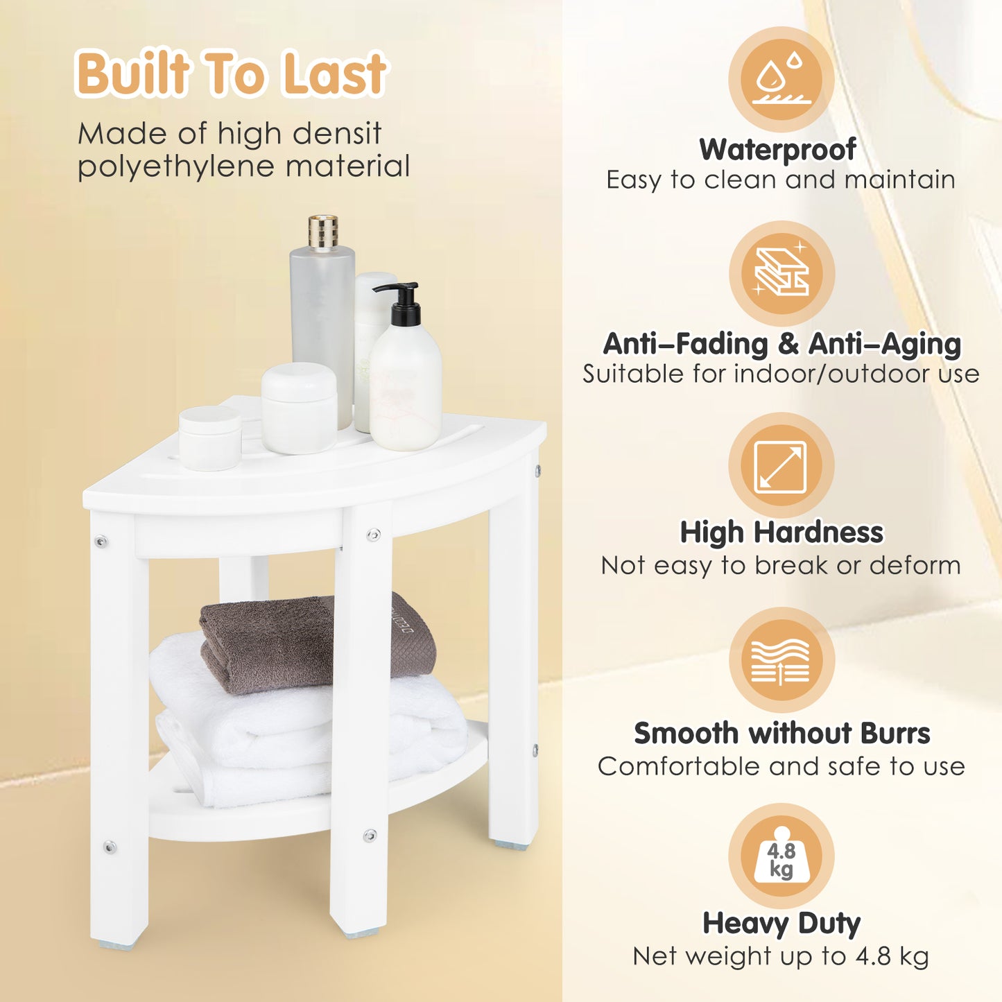 Waterproof Corner Shower Bench Stool with Storage Shelf for Shaving Legs-White