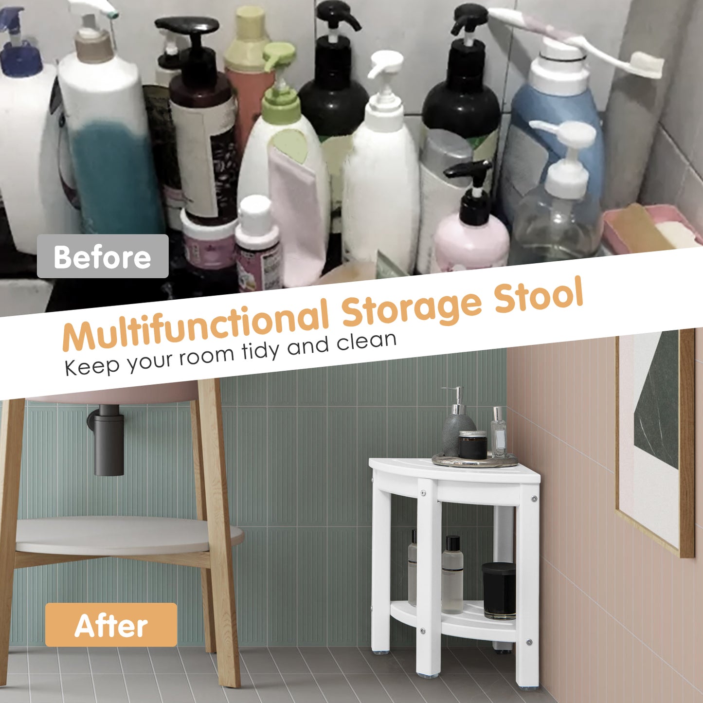 Waterproof Corner Shower Bench Stool with Storage Shelf for Shaving Legs-White