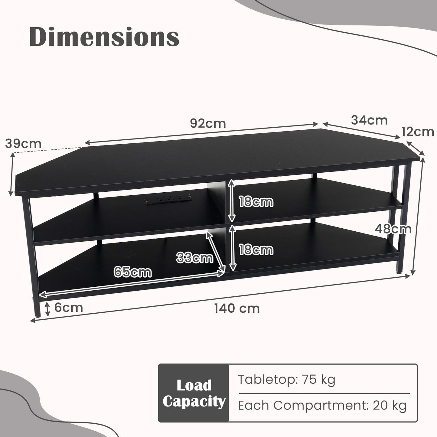 Corner TV Stand with AC Outlets and Storage Shelves-Black