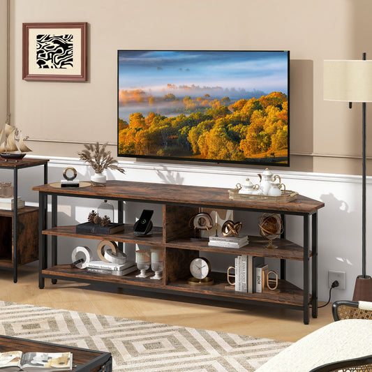 Corner TV Stand with AC Outlets and Storage Shelves-Brown