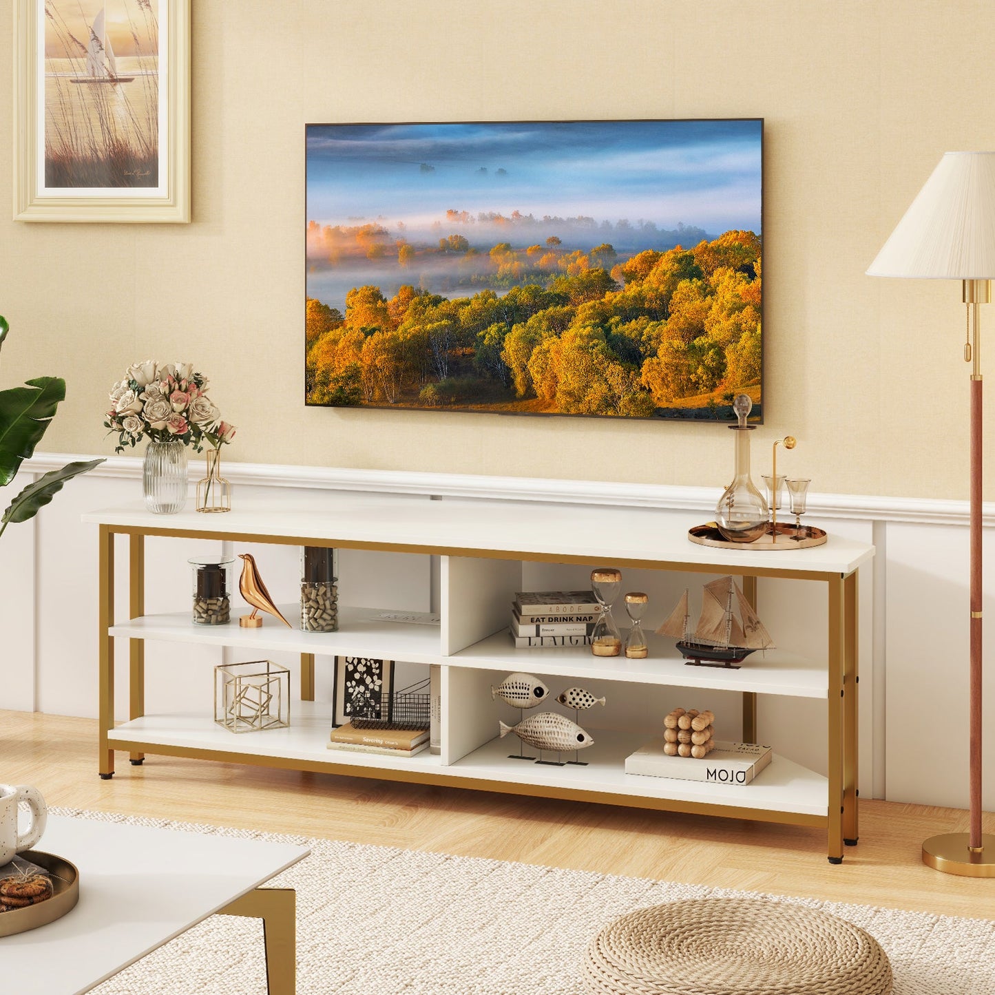 Corner TV Stand with AC Outlets and Storage Shelves-White