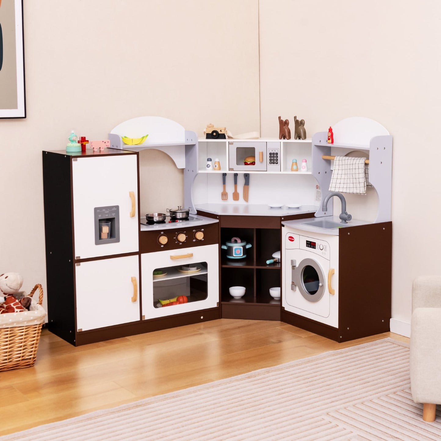 Corner Wooden Play Kitchen with Lights and Sounds for Toddlers